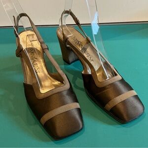 Yves Saint Laurent Olive Green and Khaki Block Heel Slingbacks Size 7
